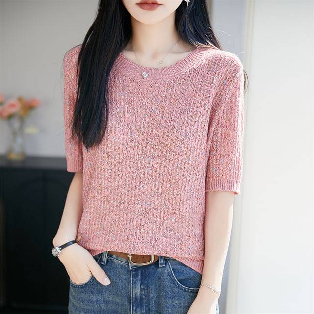 Melange Sequin Knit Top with Crew Neck and Elbow Sleeves
