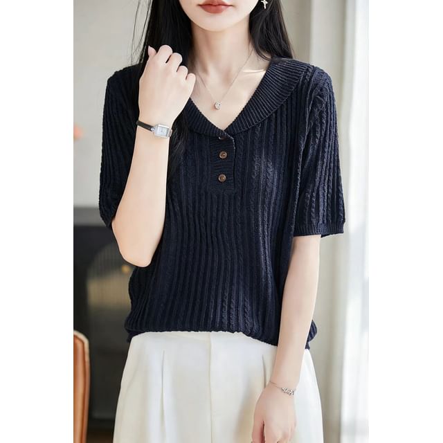 Short-Sleeve Shawl Collar Plain Cable Knit Top