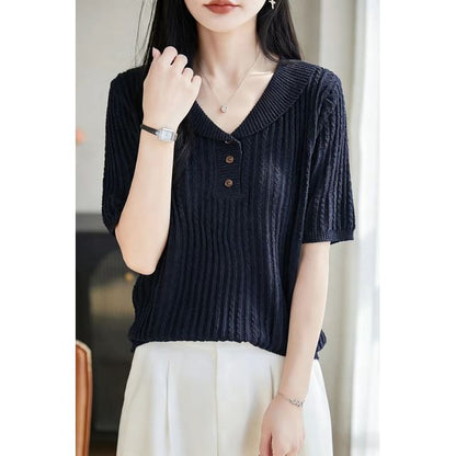 Short-Sleeve Shawl Collar Plain Cable Knit Top