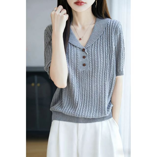 Short-Sleeve Shawl Collar Plain Cable Knit Top
