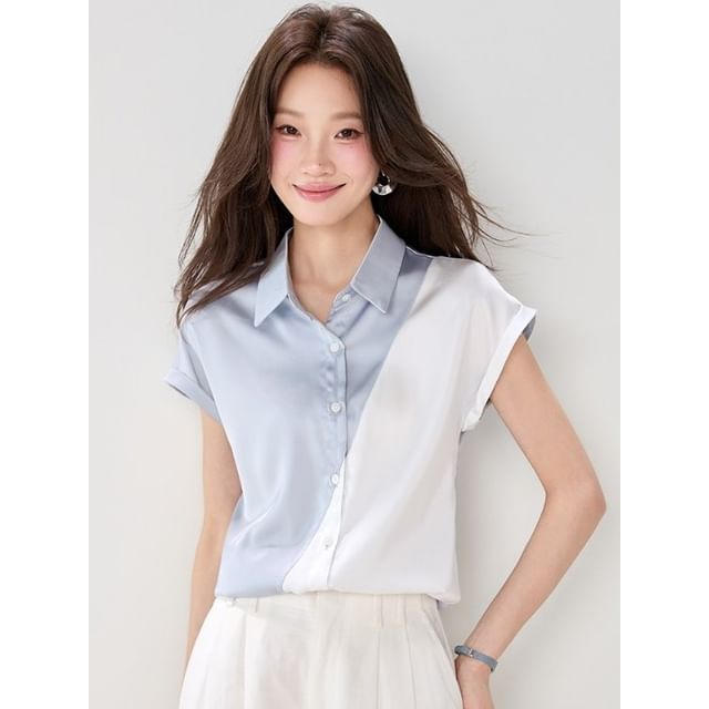 Short-Sleeve Collared Two Tone Button-Up Satin Blouse