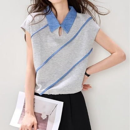 Short-Sleeve Collared Contrast Trim Cutout T-Shirt