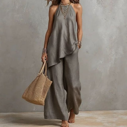 Asymmetrical Camisole Top with High Waist Wide Leg Pants