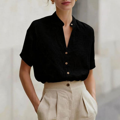 Short Sleeve Band Collar Blouse