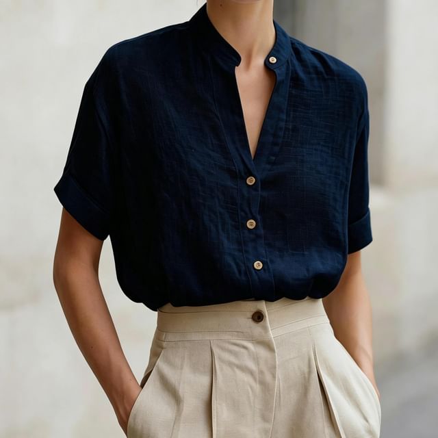 Short Sleeve Band Collar Blouse