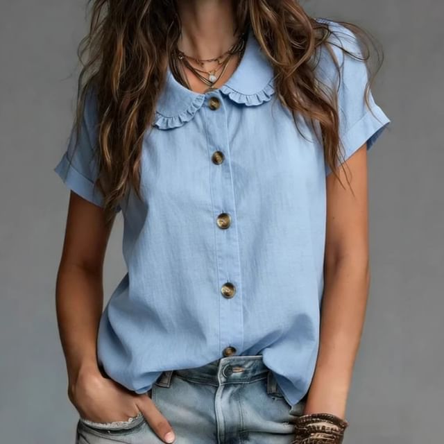 Frill Collar Blouse with Short Sleeves in Solid Color