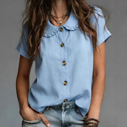 Frill Collar Blouse with Short Sleeves in Solid Color