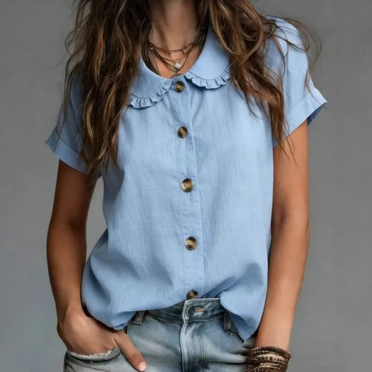 Frill Collar Blouse with Short Sleeves in Solid Color