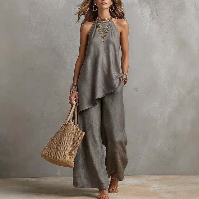 Asymmetrical Camisole Top with High Waist Wide Leg Pants