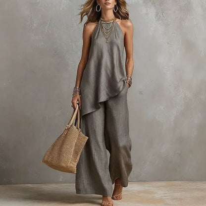 Asymmetrical Camisole Top with High Waist Wide Leg Pants