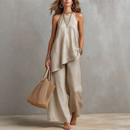 Asymmetrical Camisole Top with High Waist Wide Leg Pants