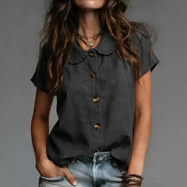 Frill Collar Blouse with Short Sleeves in Solid Color