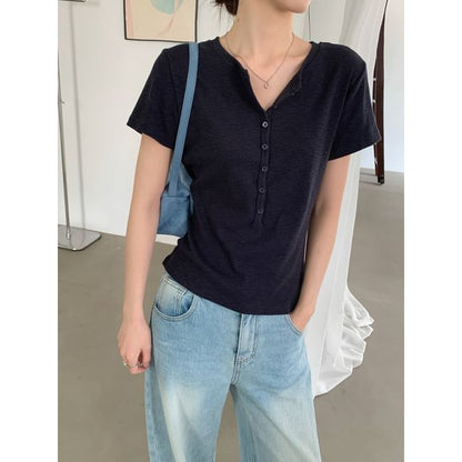 Short-Sleeve Henley Neck Plain T-Shirt
