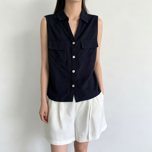 Sleeveless Collared V-Neck Plain Button Up Shirt