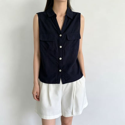 Sleeveless Collared V-Neck Plain Button Up Shirt