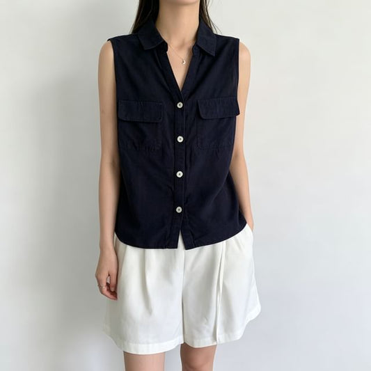 Sleeveless Collared V-Neck Plain Button Up Shirt
