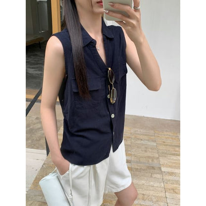 Sleeveless Collared V-Neck Plain Button Up Shirt