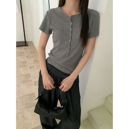 Short-Sleeve Henley Neck Plain T-Shirt