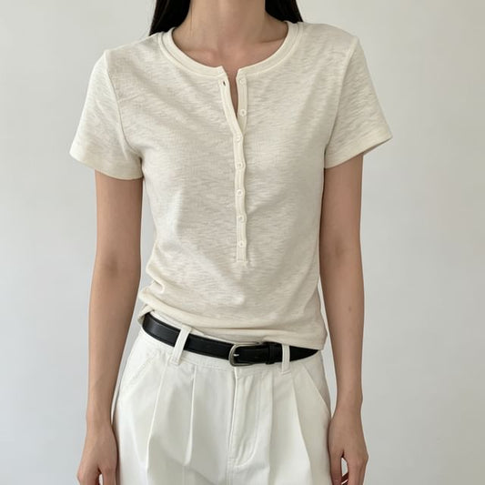 Short-Sleeve Henley Neck Plain T-Shirt