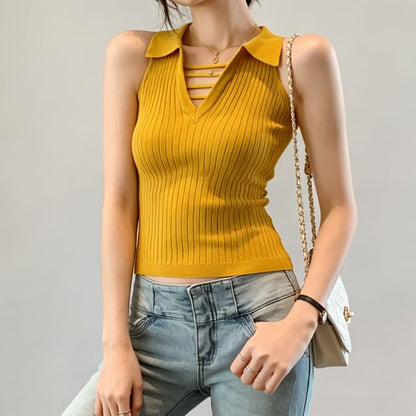 Ribbed Knit Cropped Collared Sleeveless Top