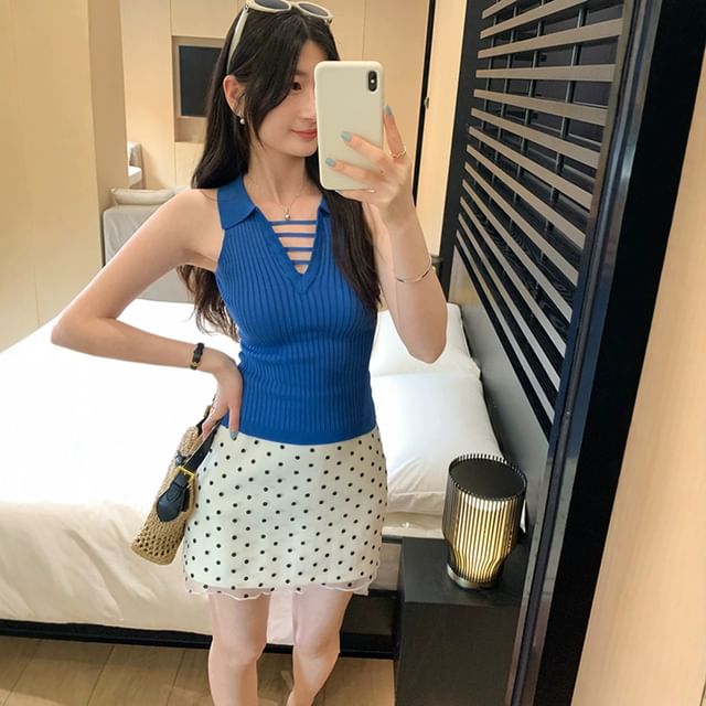 Ribbed Knit Cropped Collared Sleeveless Top