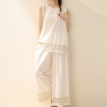 Sleeveless Crew Neck Plain Lace Trim Blouse / High Waist Cropped Wide Leg Pants / Set