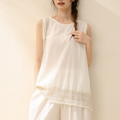 Sleeveless Crew Neck Plain Lace Trim Blouse / High Waist Cropped Wide Leg Pants / Set