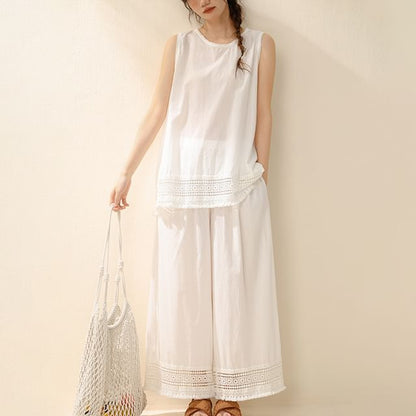 Sleeveless Crew Neck Plain Lace Trim Blouse / High Waist Cropped Wide Leg Pants / Set