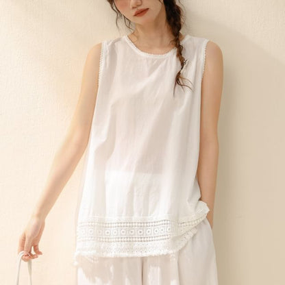 Sleeveless Crew Neck Plain Lace Trim Blouse / High Waist Cropped Wide Leg Pants / Set