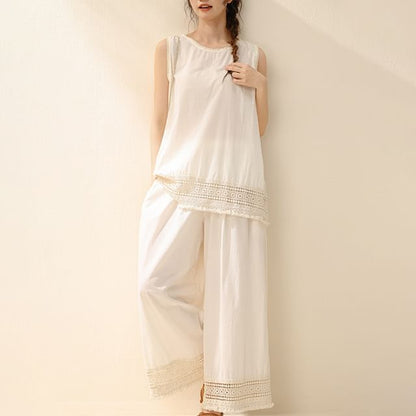 Sleeveless Crew Neck Plain Lace Trim Blouse / High Waist Cropped Wide Leg Pants / Set
