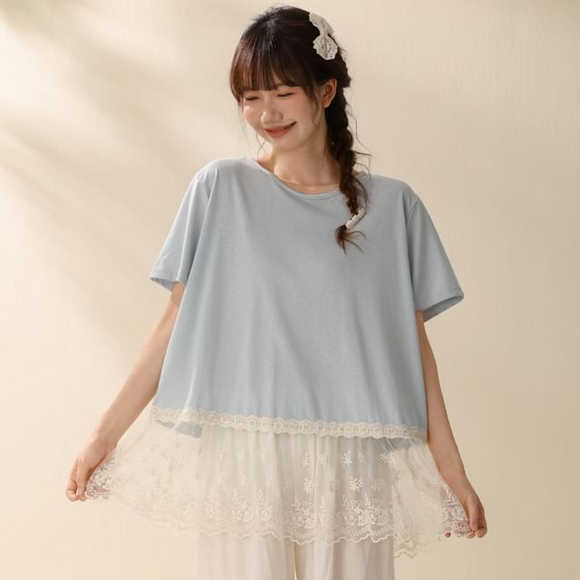 Short-Sleeve Crew Neck Plain Lace Trim T-Shirt