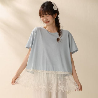Short-Sleeve Crew Neck Plain Lace Trim T-Shirt