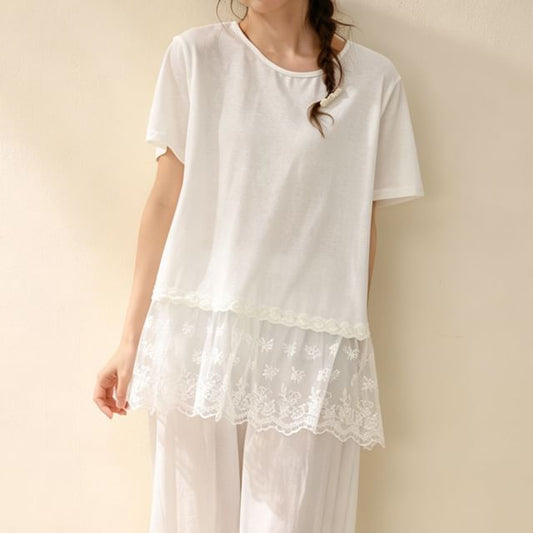 Short-Sleeve Crew Neck Plain Lace Trim T-Shirt