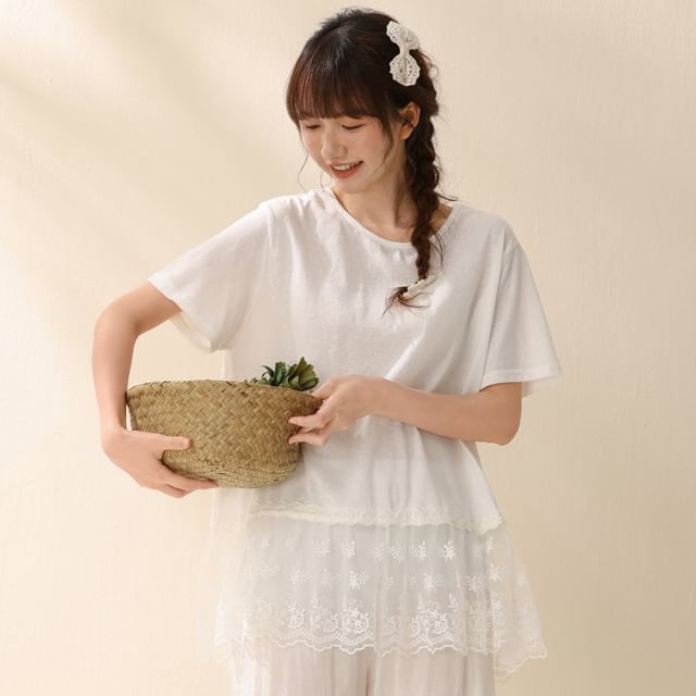 Short-Sleeve Crew Neck Plain Lace Trim T-Shirt