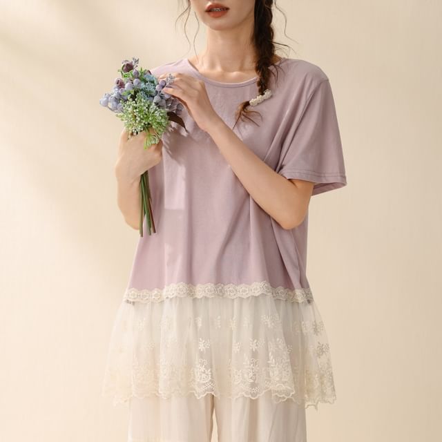 Short-Sleeve Crew Neck Plain Lace Trim T-Shirt