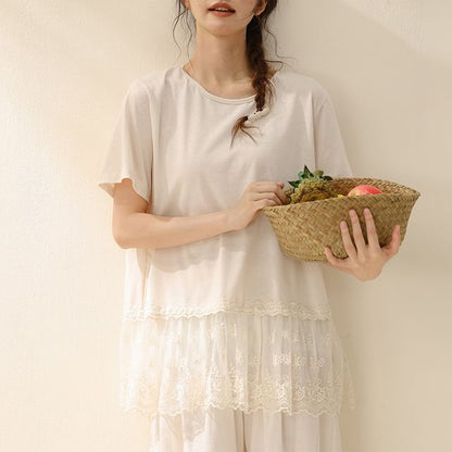 Short-Sleeve Crew Neck Plain Lace Trim T-Shirt