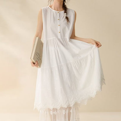 Sleeveless Henley Plain Lace Trim Maxi Sundress