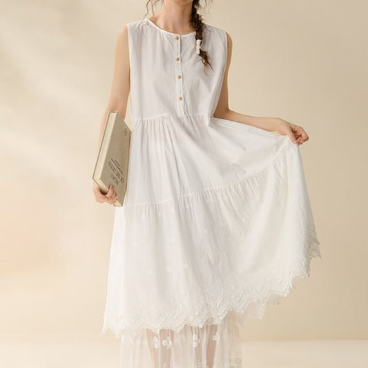 Sleeveless Henley Plain Lace Trim Maxi Sundress