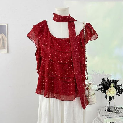 Set: Cap-Sleeve Asymmetrical Neck Micro Dot Tiered Ruffle Blouse + Skinny Scarf