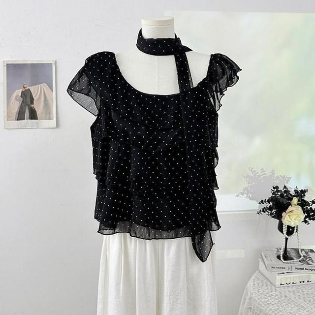 Set: Cap-Sleeve Asymmetrical Neck Micro Dot Tiered Ruffle Blouse + Skinny Scarf