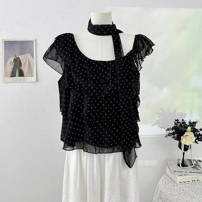 Set: Cap-Sleeve Asymmetrical Neck Micro Dot Tiered Ruffle Blouse + Skinny Scarf