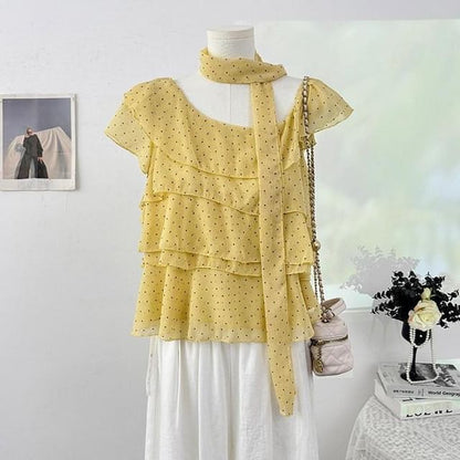 Set: Cap-Sleeve Asymmetrical Neck Micro Dot Tiered Ruffle Blouse + Skinny Scarf