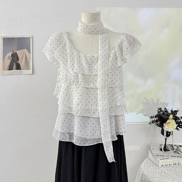 Set: Cap-Sleeve Asymmetrical Neck Micro Dot Tiered Ruffle Blouse + Skinny Scarf