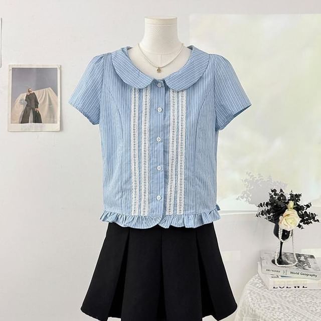 Short-Sleeve Peter Pan Collar Striped Frill Trim Button-Up Crop Blouse