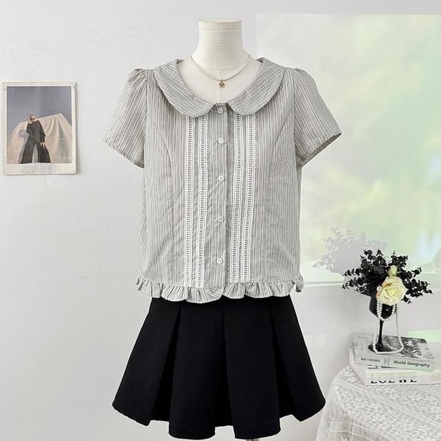 Short-Sleeve Peter Pan Collar Striped Frill Trim Button-Up Crop Blouse