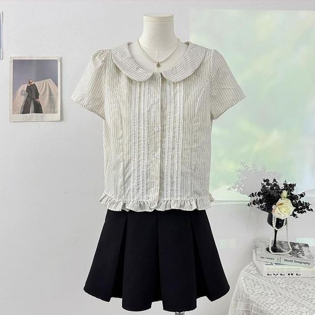 Short-Sleeve Peter Pan Collar Striped Frill Trim Button-Up Crop Blouse