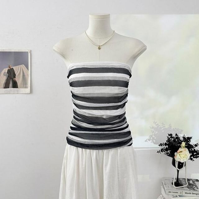 Multicolor Striped Ruched Crop Tube Top