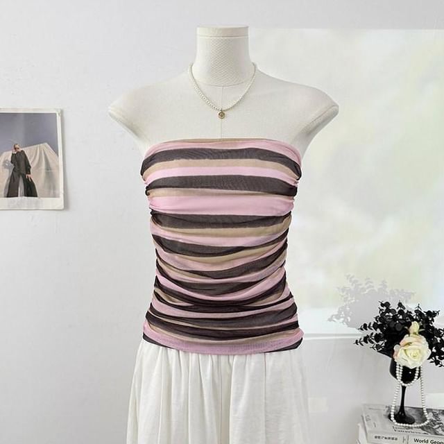Multicolor Striped Ruched Crop Tube Top