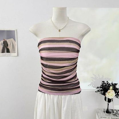 Multicolor Striped Ruched Crop Tube Top