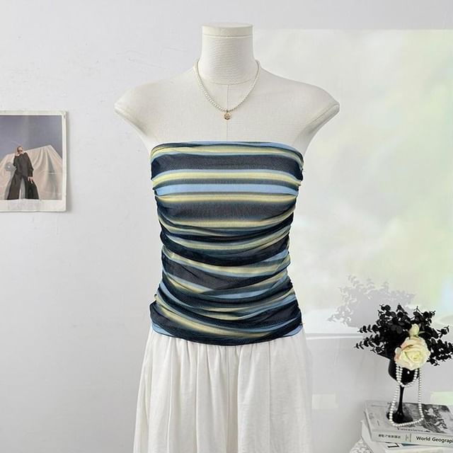 Multicolor Striped Ruched Crop Tube Top